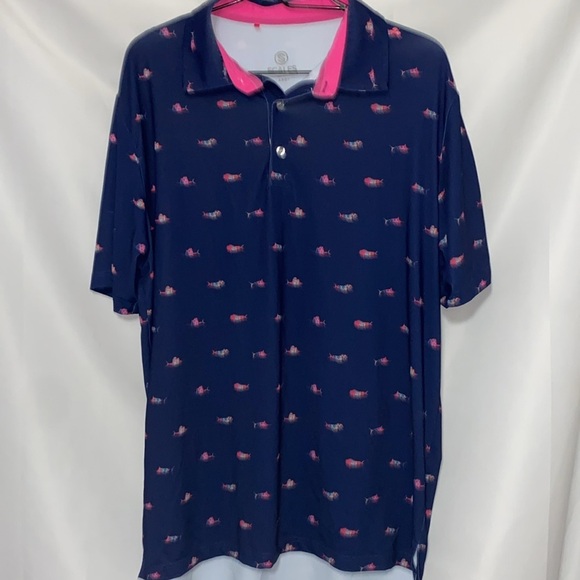 SCALES MENS SIZE LARGE GOLF POLO SHIRT BLUE MULTICOLOR FISH DESIGN  LONGER BACK - Picture 6 of 13